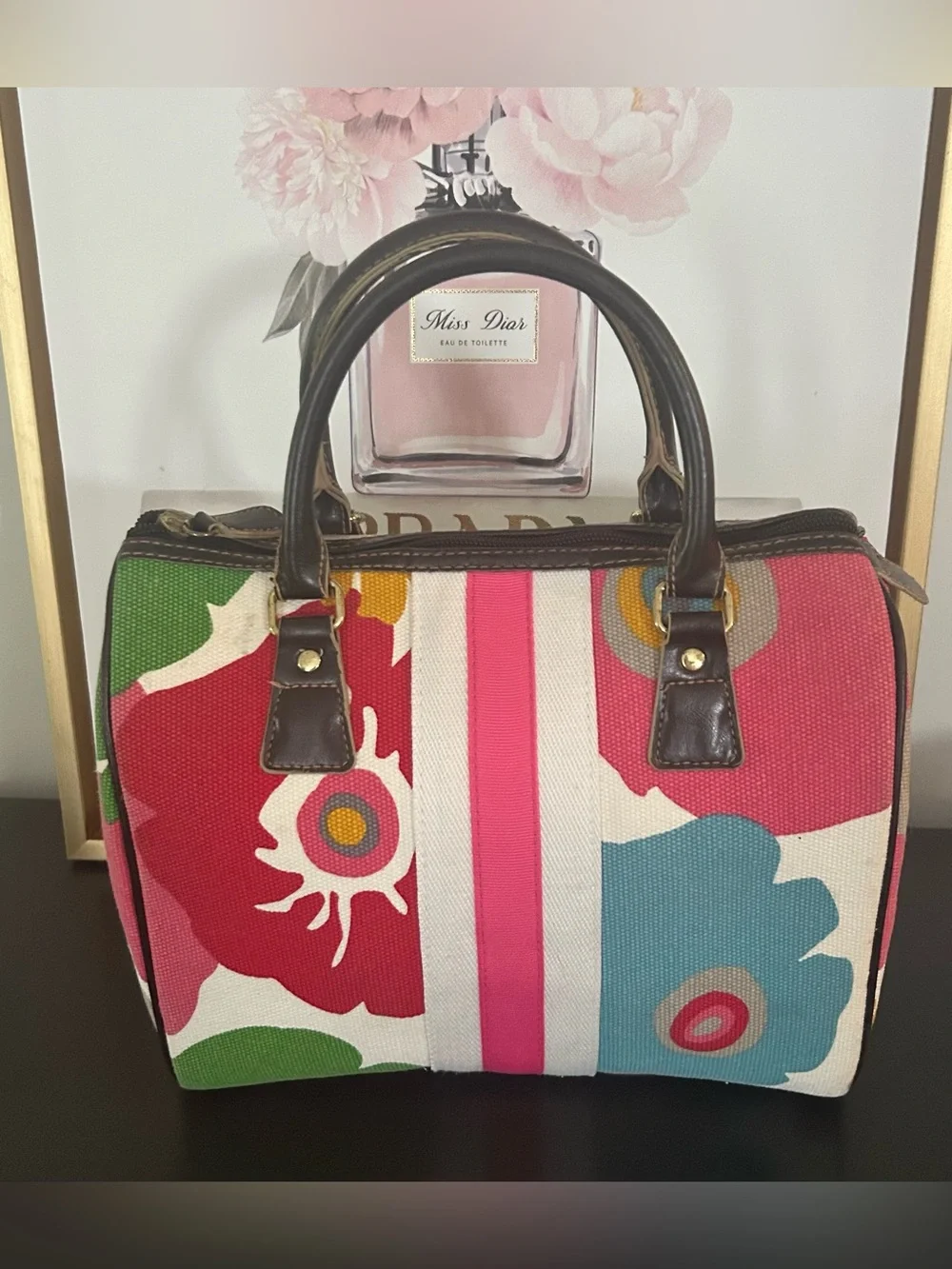 Vintage Y2K Victoria’s Secret Floral Canvas Satchel Handbag Striped Bowling bag